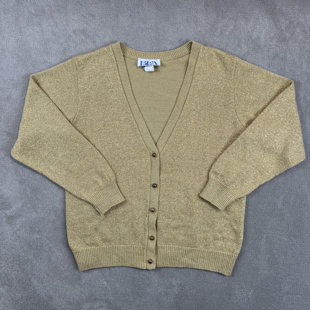 BFA Classics Size M Gold Metallic Lurex V-Neck Cardigan Vintage Y2K Glam Sweater
